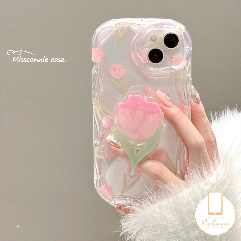 Bunga Segar Tulip Case Untuk Redmi 9A 9T 9 10A 10C A1 10 A2 9C NFC Redmi Note12 11 9 10s 8 11s 10 Pro Max POCO M3 3D Wavy Curved Edge Soft Floral Case Dengan Bracket Bunga