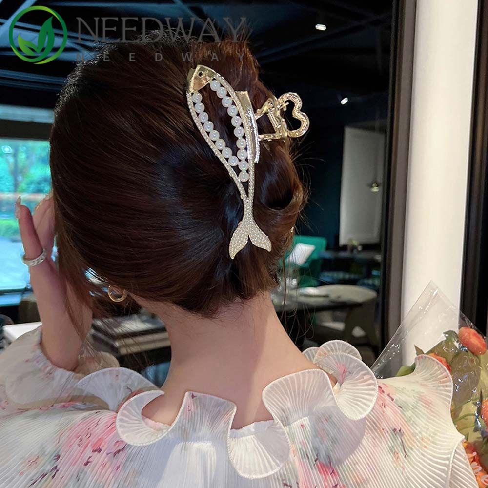 Needway   Wanita Cakar Rambut Untuk Perempuan Ukuran Besar Mutiara Ikan Berlian Imitasi Jepit Hiu Klip