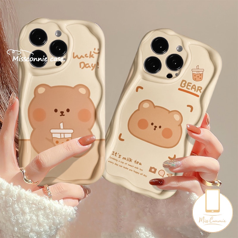 Untuk Oppo A96 A77 A95 A16 A15 A17 A52 A1K A54 A15s A55 A5s A7 A31 A53 A9 A12 A17K A16s A76 A57 A16k A5 A74 A3s A77S Lembut 3D Wavy Curved Edge Glossy Kartun Beruang Lucu Susu Teh Case