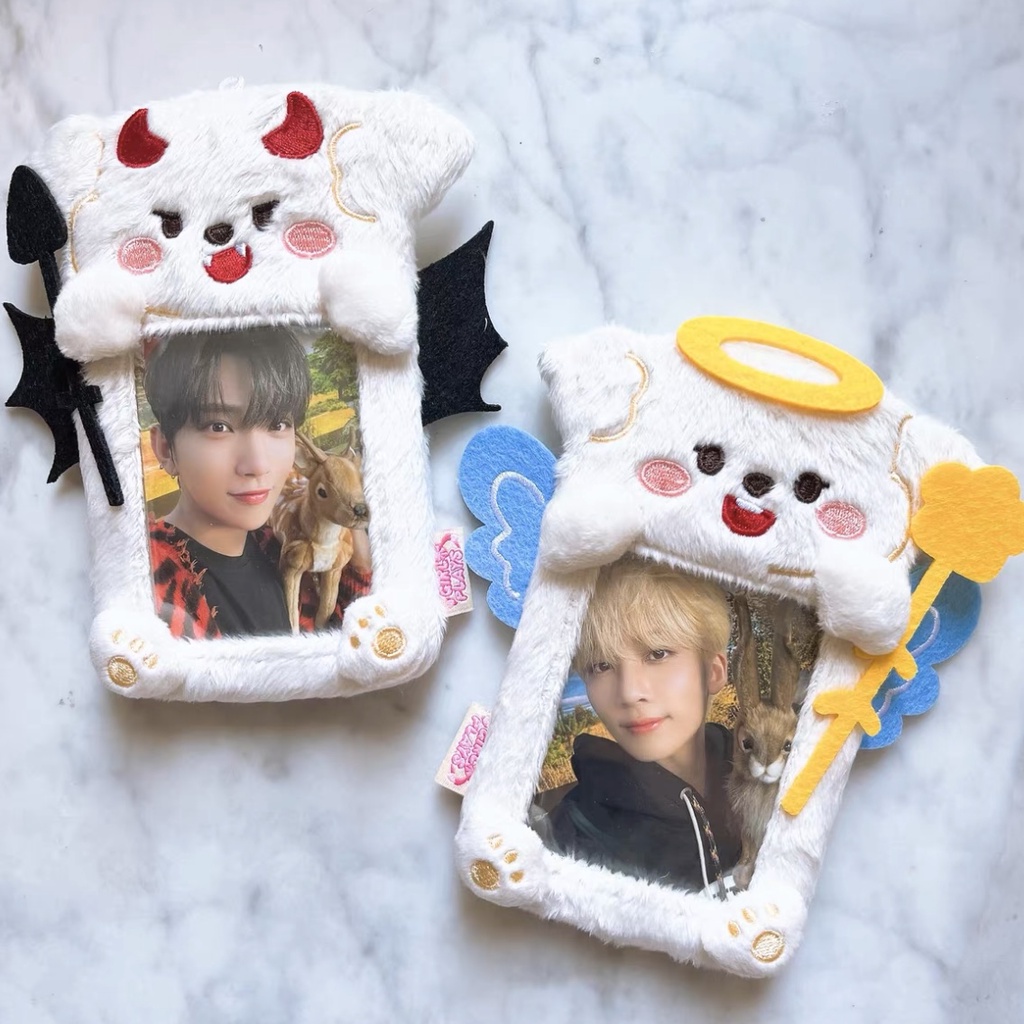 3inch Kpop Photo Card Holder Kawaii Angel Demon Lembut Mewah Tempat Kartu Gantungan Kunci Photo Card Holder Kemasan Charm