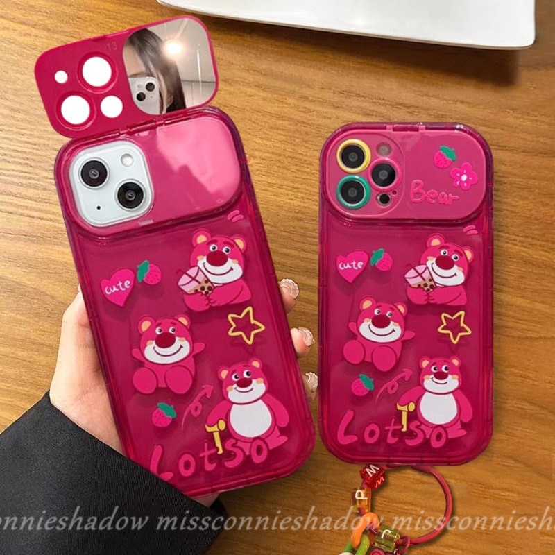 Kartun Strawberry Bear Lucu 3D Boneka Manyo Case Untuk OPPO A7 A9 A5 A15 A57 A5s A3s A31 A33 2020 A12 A53 A15s A12E A77 A77s A11K A11 A35 Lembut Kreatif Flip Make Up Cermin Penutup Belakang