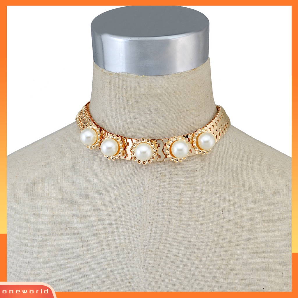 [ONE] Mutiara Imitasi Dekorasi Berlian Imitasi Wanita Kalung Alloy Adjustable Rantai Ular Kerah Kalung Perhiasan Aksesori