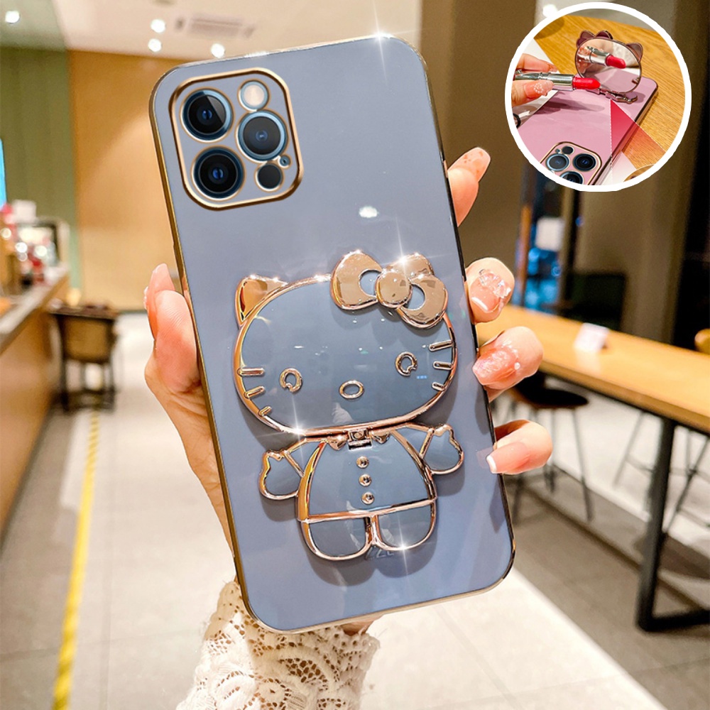 Casing Tahan Guncangan Redmi Note12 Pro 5G Note 11 Pro Note11S Note 10S Redmi 10C 9C 10A 9T 9A Note 10 Pro Kitty Cat Mirror Dudukan Lipat Casing Karet Plating Mewah