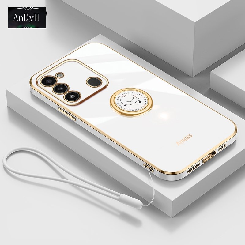 Andyh Casing Ponsel Silikon Ultra Tipis Untuk Infinix Tecno Spark 8C Tecno Spark Go 2022kg5 KG5j KG5k Deluxe Fall Protection Gold Band Dengan Jam Cincin Dan Lanyard Gratis