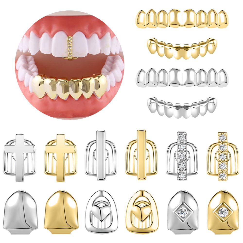 1pc/1 Pasang Rock Hip Hop Behel Lapis Emas Cross Grills Tooth Hollow Single Grillz Tooth Cap Behel Berlian Imitasi Klip Gigi
