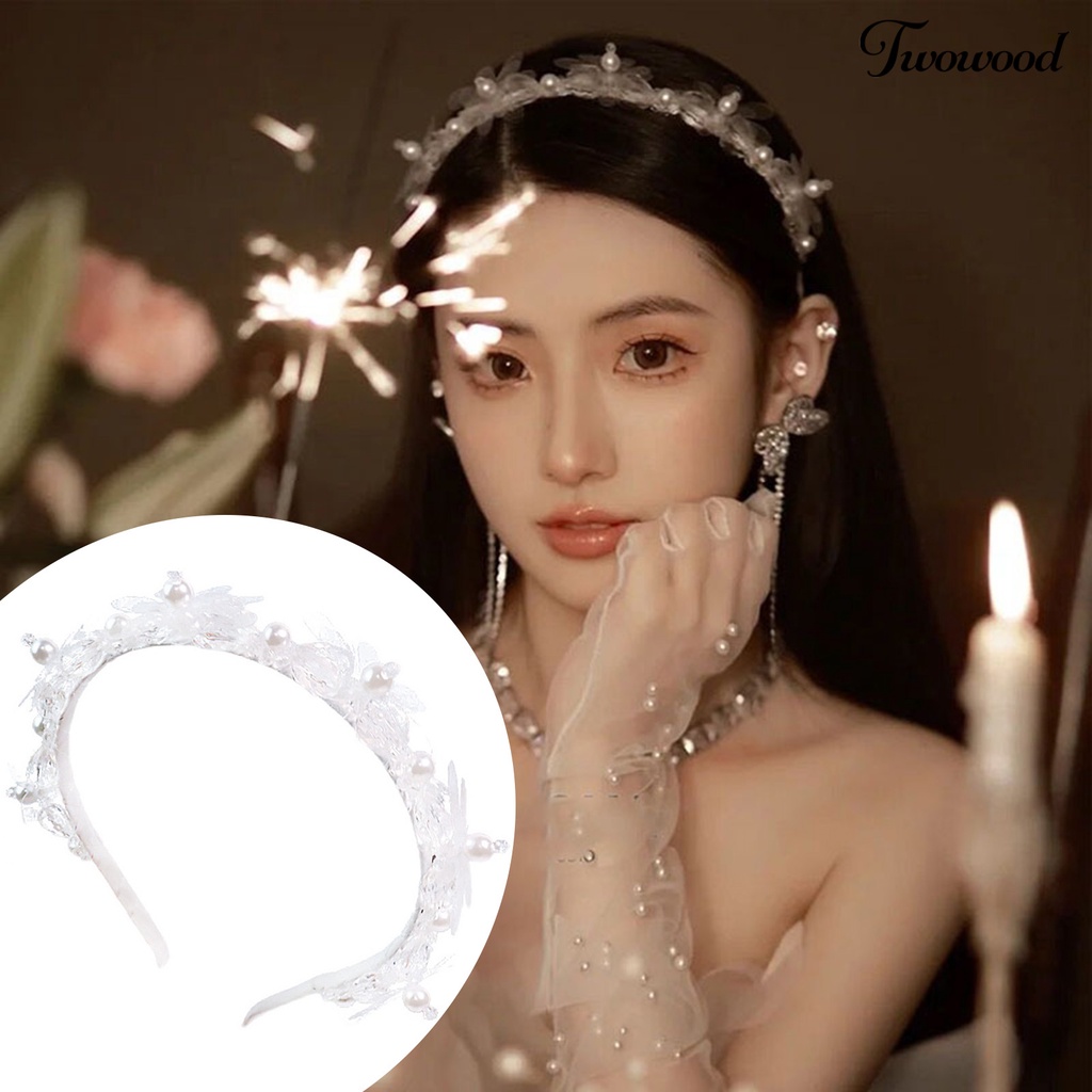 Twowood Bridal Headband Shiny Elegan Indah Eye-catching Palsu Mutiara Dekorasi Palsu Kristal Bunga Bando Pesta Supply