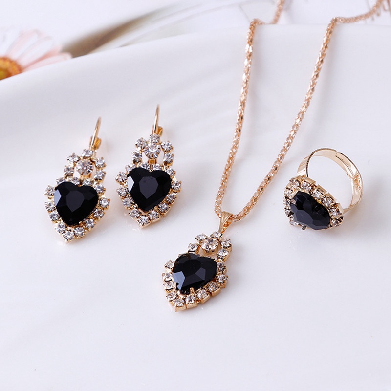 Kalung Liontin Anting Cincin Set Untuk Wanita Gadis Fashion Berlian Imitasi Cinta Hati Kristal Perhiasan Leher Rantai Telinga Cincin Emas Pribadi Penuh Berlian Klip Telinga Hadiah Untuk Her