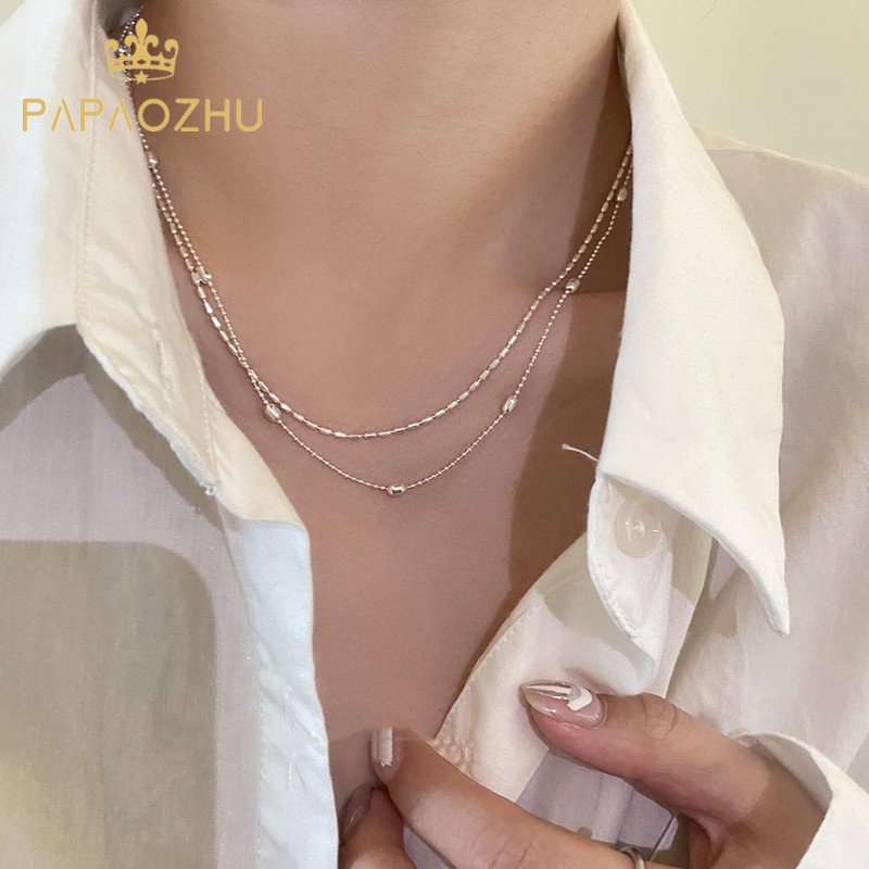 Papaozhu Chic Double Layer S925 Manik-Manik Perak Choker Kalung Untuk Wanita Gadis Minimalis Mungil Pesona Pendek Kalung Fashion Tulang Selangka Rantai Perhiasan Aksesoris