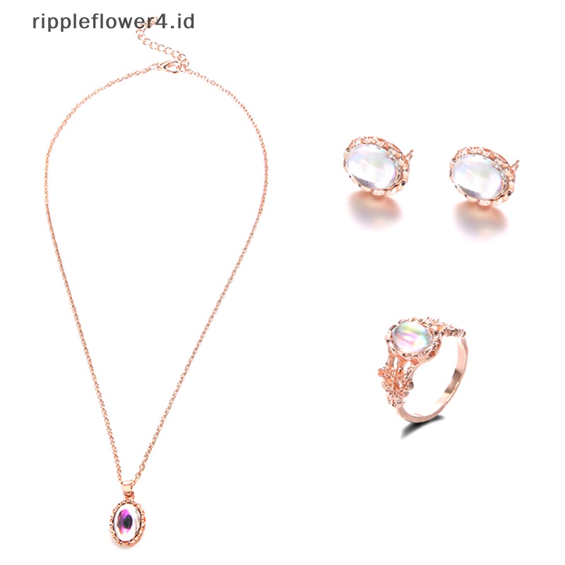 {rippleflower4.id} Aurora Oval Zirkon Kalung Anting Cincin Set Perhiasan Wanita Romantis Lapis Emas Imitasi Opal Hadiah Aksesoris~