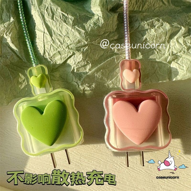 Kartun 3D Permen Warna Macaron Cinta Hati Gradien Bergelombang Pinggiran Charger Pelindung Charger Perlindungan Set Kompatibel Untuk Apple 18/20W Charger Case Penutup Pelindung Gigitan Kabel