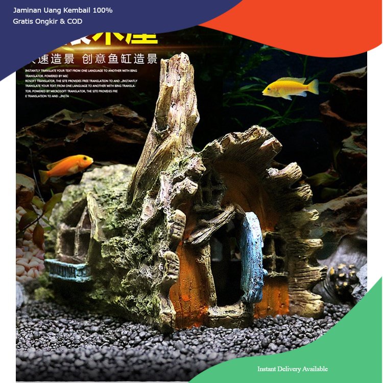 Hiasan aquarium rumah kayu kulit, dekorasi aquarium rumah kayu kulit, ornamen aquarium rumah kayu, d
