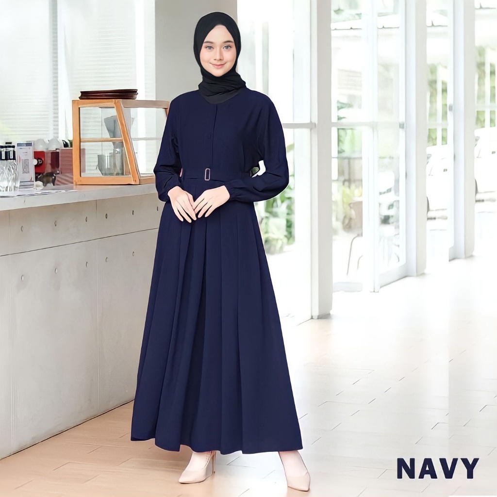 Gamis Monna Dress Sandira Belt Busui Friendly Syar'i Muslimah Jumbo Terbaru Itycrepe Premium-Navy
