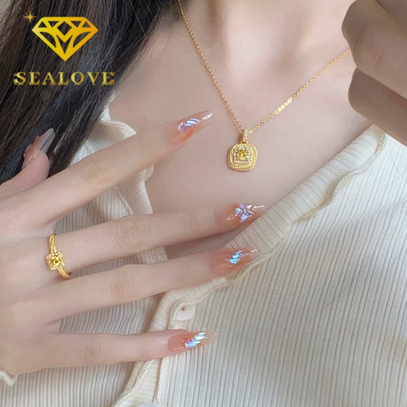 Kalung Titanium Wanita Anti Karat Berlian Kristal Kuning Emas 18K Mewah Cantik Korea Aksesoris Perhiasan