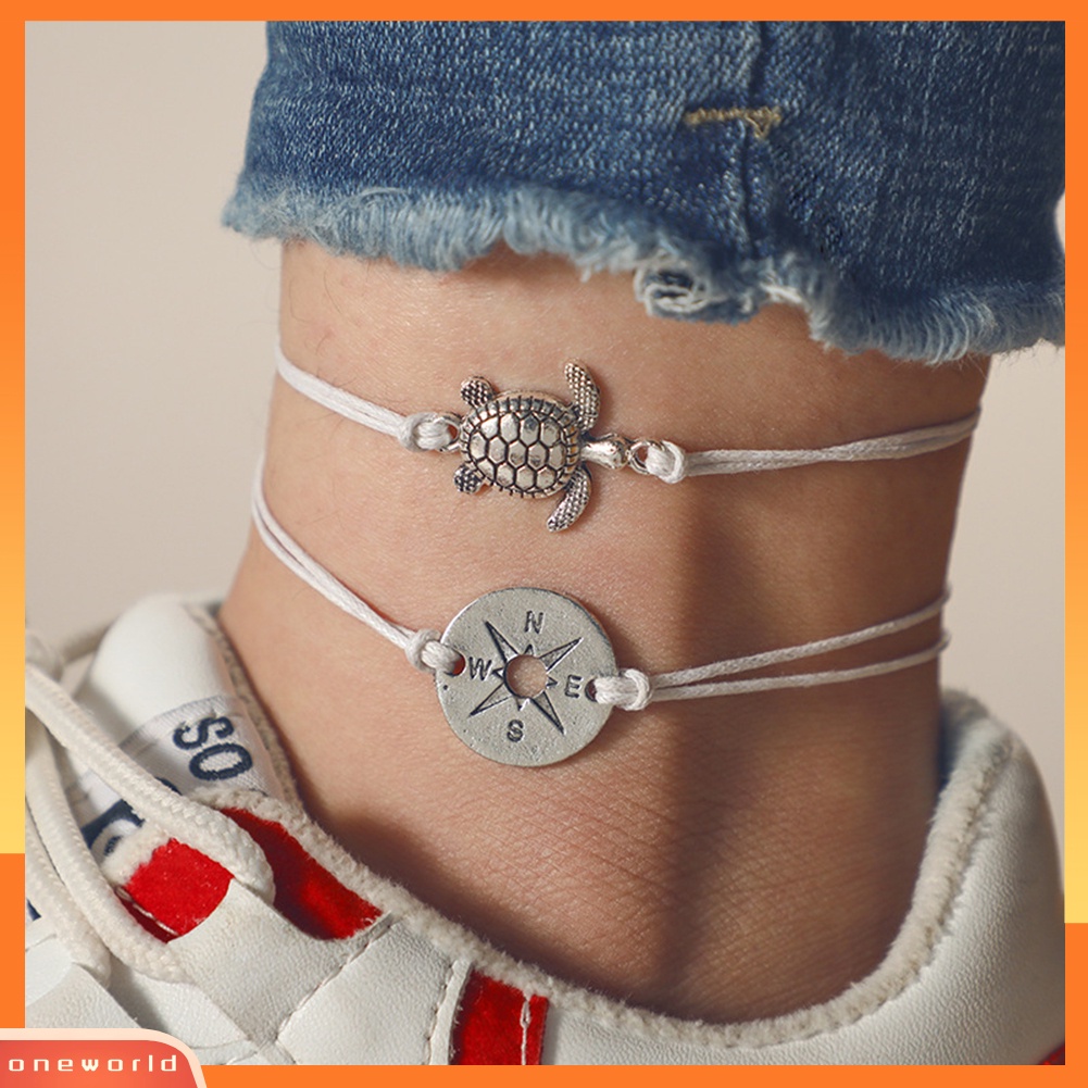 [WOD] 2pcs /Set Turtle Hollow Compass Charm Anklet Wanita Musim Panas Pantai Ankle Bracelet