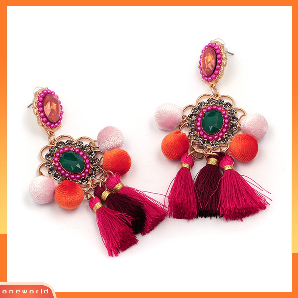 [WOD] Wanita Berlian Imitasi Bunga Pompom Rumbai Menjuntai Ear Stud Earrings Pernyataan Perhiasan