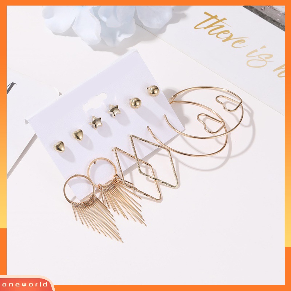 [WOD] 6pasang Wanita Mutiara Imitasi Bulat Geometris Menjuntai Ear Stud Hoop Earrings Jewelry