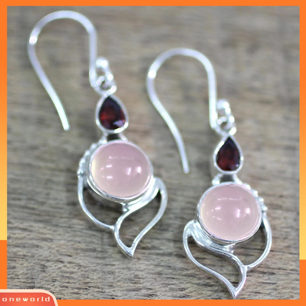 [WOD] Vintage Wanita Berongga Faux Rose Quartz/Ruby Drop Menjuntai Kait Anting Perhiasan