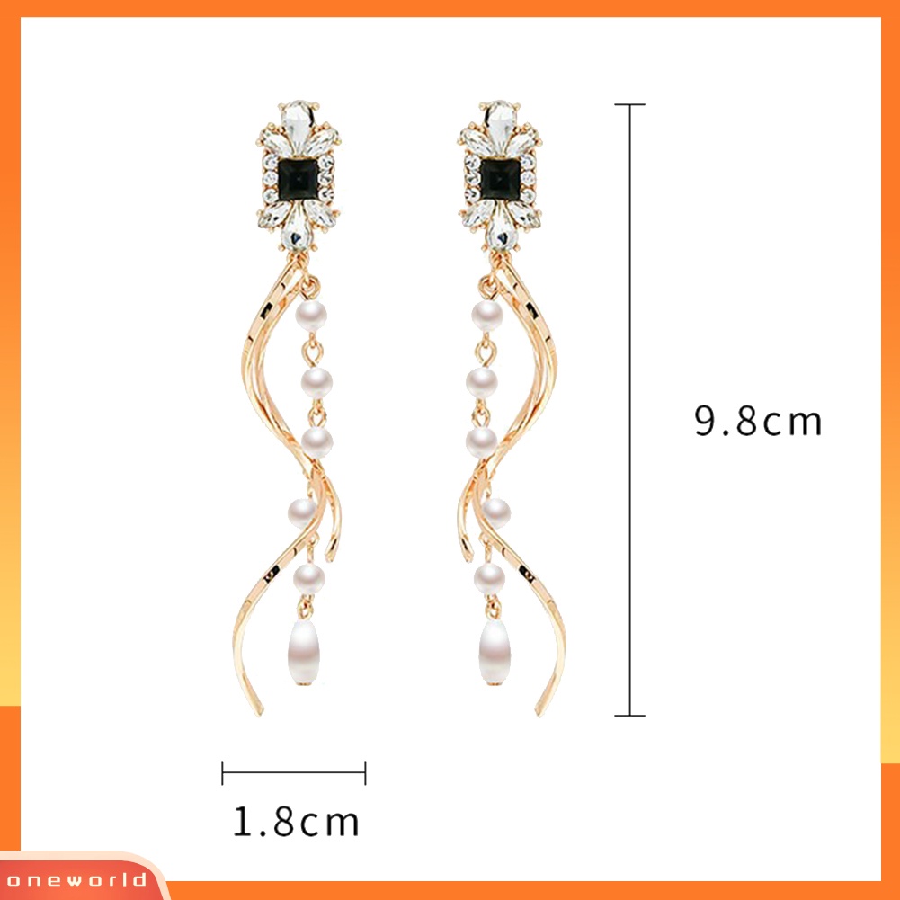 [WOD] Fashion Berlian Imitasi Memutar Mutiara Imitasi Rumbai Panjang Menjuntai Wanita Stud Earrings Hadiah