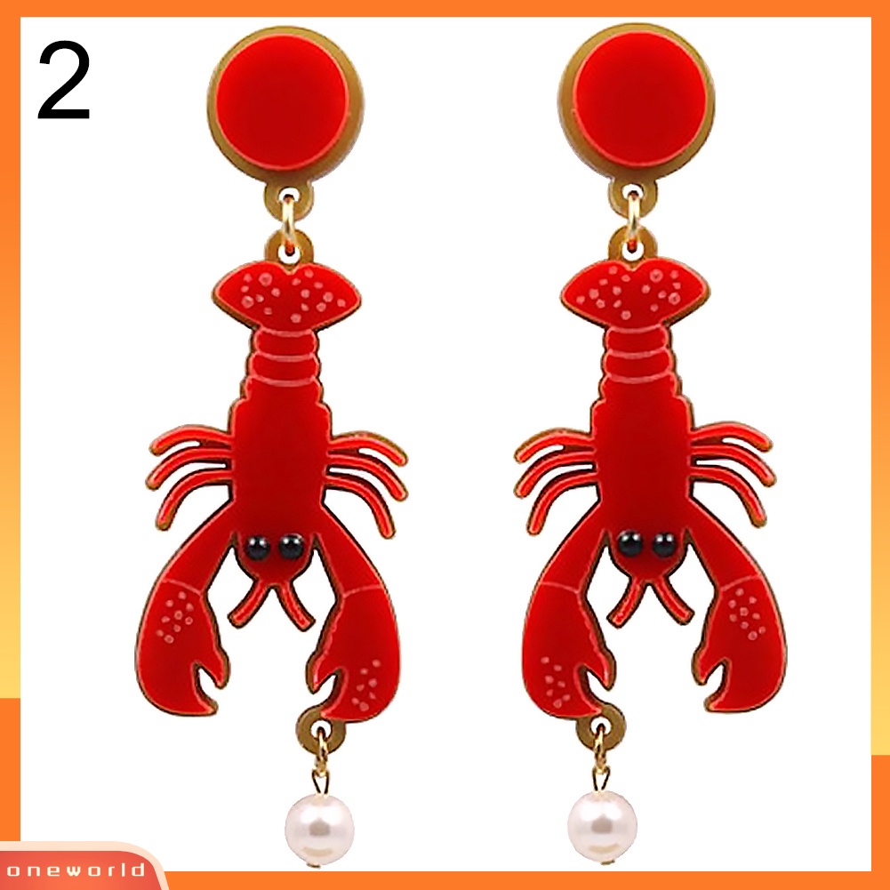 [WOD] Kreatif Lady Akrilik Lobster Gurita Mutiara Imitasi Liontin Statement Stud Earrings