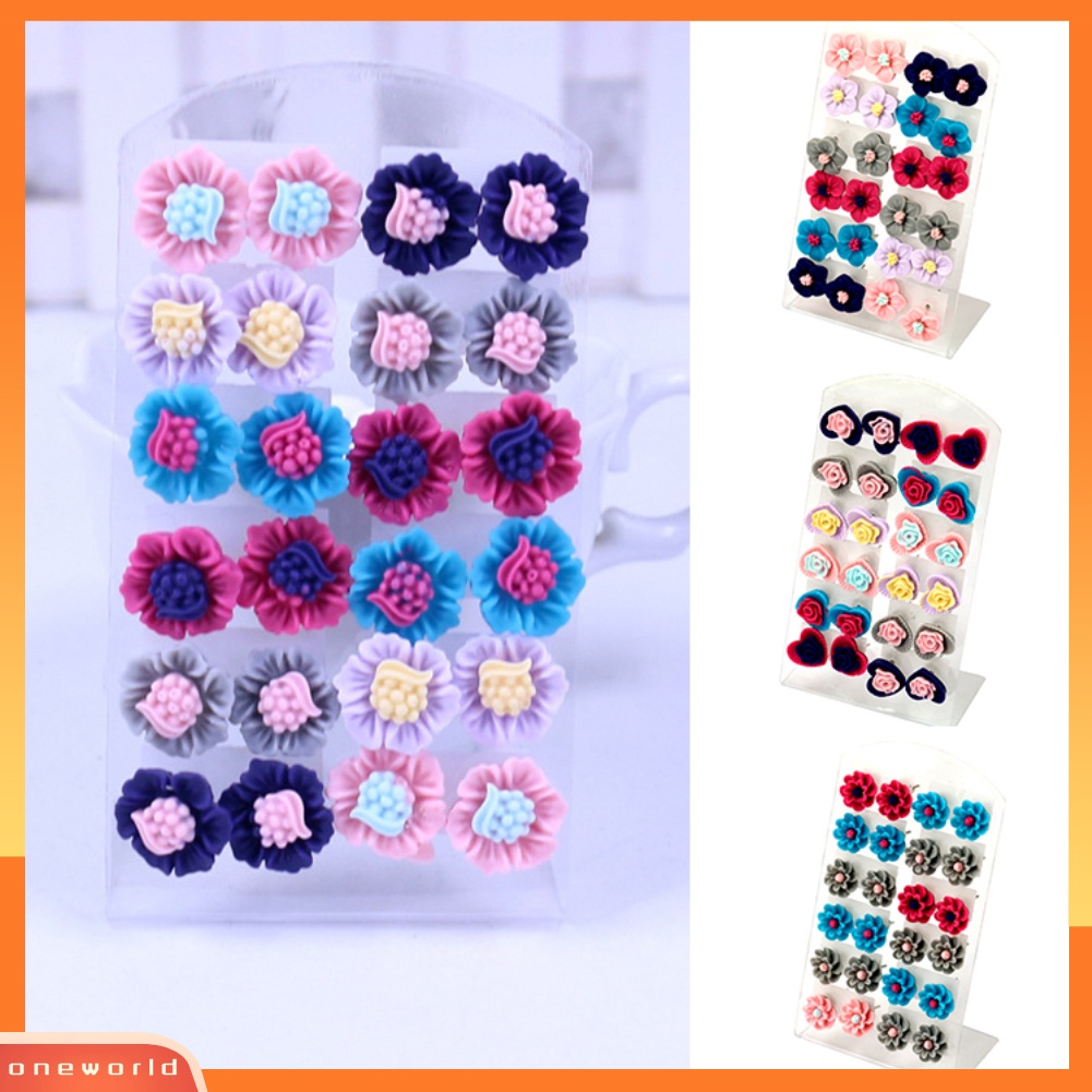 [WOD] 12pasang Fashion Multicolor Resin Bunga Telinga Stud Anting Set Perhiasan Wanita