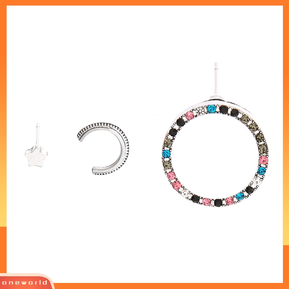 [WOD] 3 Pcs Wanita Chic Berlian Imitasi Bintang Lingkaran Telinga Studs Manset Klip Set Anting-Anting Jalan