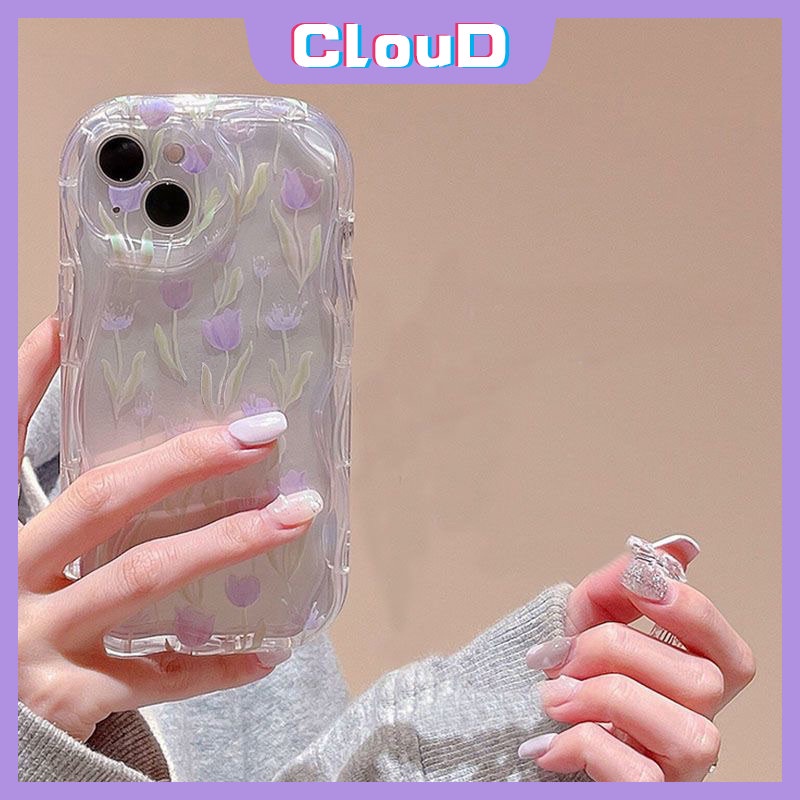 Casing Untuk Realme C25s C21Y C25 C35 C33 C20 C20A C12 C11 5 7i 6i 5s 9i 5i C55 C15 C25Y C30 C31 C17 C21 C3 Tulip Ungu Fresh Flower Transaprent Soft 3D Wavy Curved Edge Flower Case