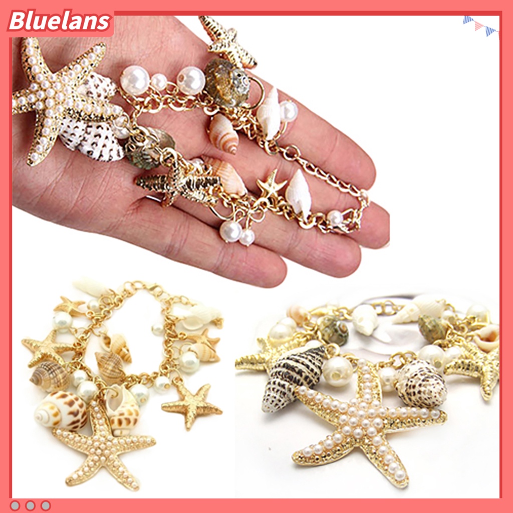 [BLS] Gelang Pantai Lucu Adjustable Gelang Pantai Rantai Multi Gaya Laut Berlapis Emas