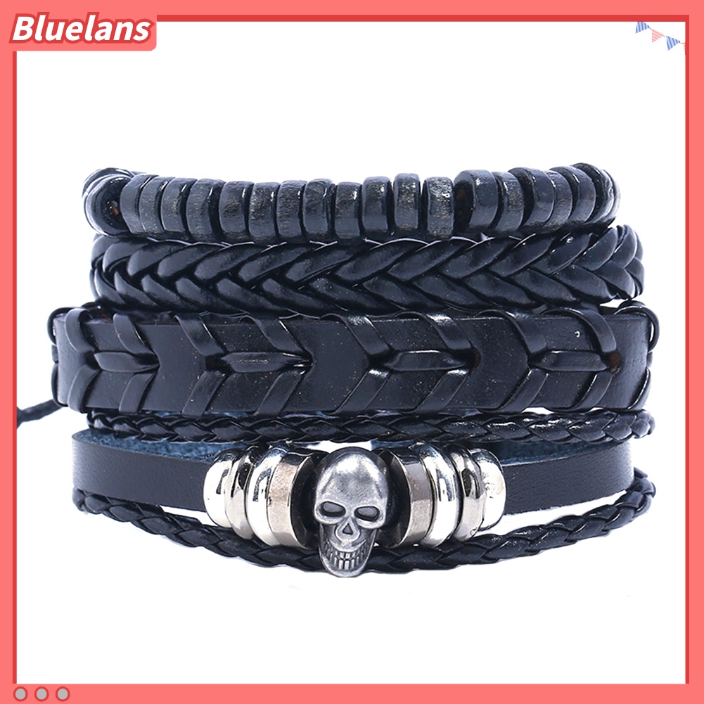 [BLS] 4pcs /Set Vintage Braided Skull Gelang DIY Pria Club Perhiasan Wristband Charm