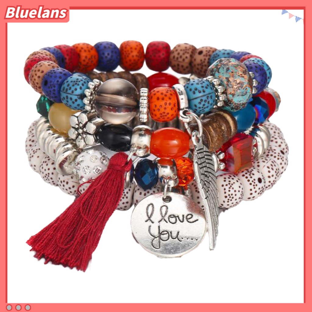 [BLS] 4pcs /Set Gelang Manik-Manik Gaya Bohemian Dapat Ditumpuk Multi-layer Gelang Pesona Tampilan Nice-looking Modern Untuk Wanita