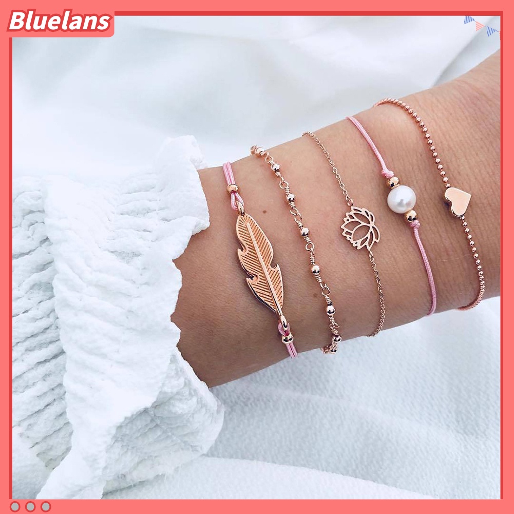 [BLS] 4/5 Pcs Wanita Manik-Manik Multi-Layer Hati Daun Rantai Gelang Set Pesta Perhiasan Hadiah