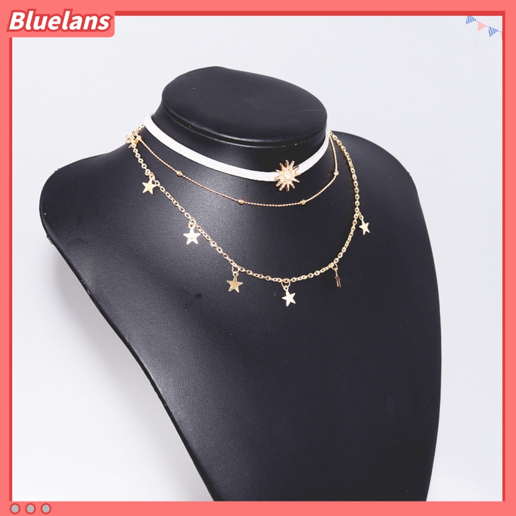 [BLS] 3 Pcs Wanita Kalung 3lapis Matahari Bintang Perhiasan Berlian Imitasi Bersinar Choker Kalung Untuk Pesta Pernikahan Perjamuan Prom