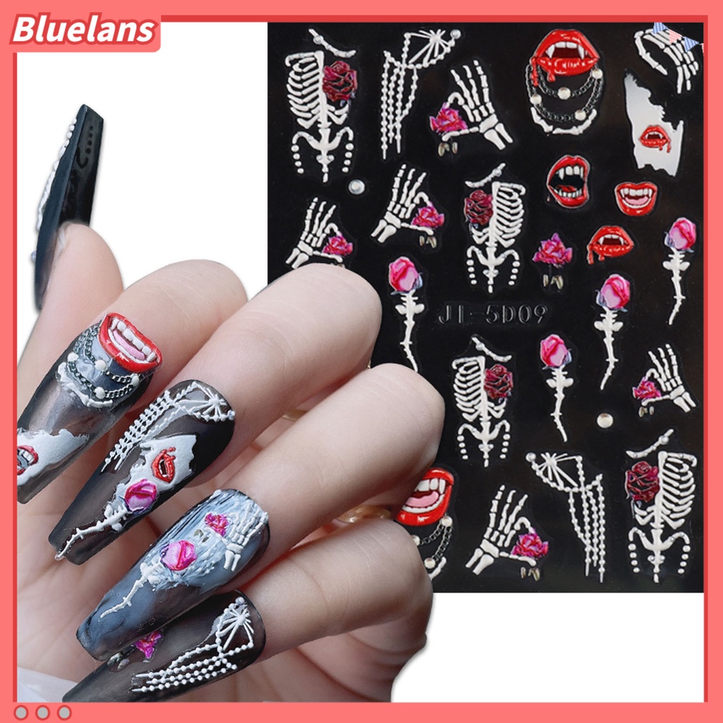 [BLM] Stiker Kuku Pola Horor Tahan Air Kuat Lengket Tidak Luntur Perekat Diri Dekoratif Resin Tulang Tetes Darah Tengkorak Sliders Nail Decals Perlengkapan Kuku