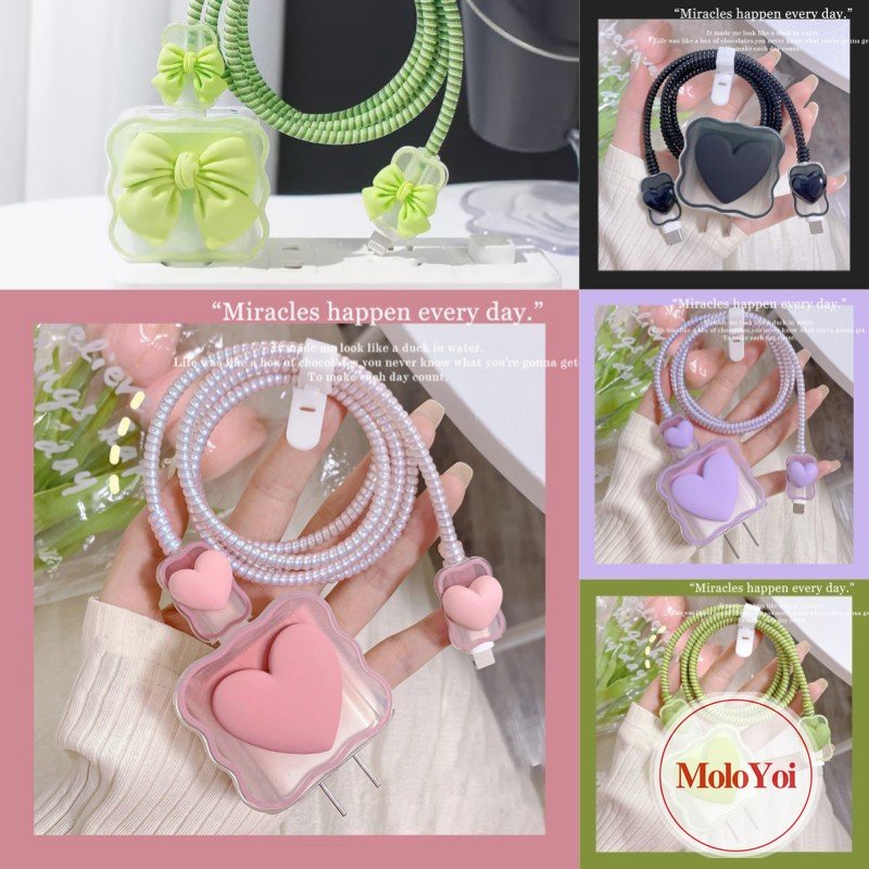 Set Lengan Kabel Data Tepi Bergelombang 5in1 Kompatibel Untuk Apple 18/20W Adapter Charger Cute Strawberry Bear Toy Story Love Heart Lovely Bowknot Cable Soft Cover Dengan Pelindung Gigitan