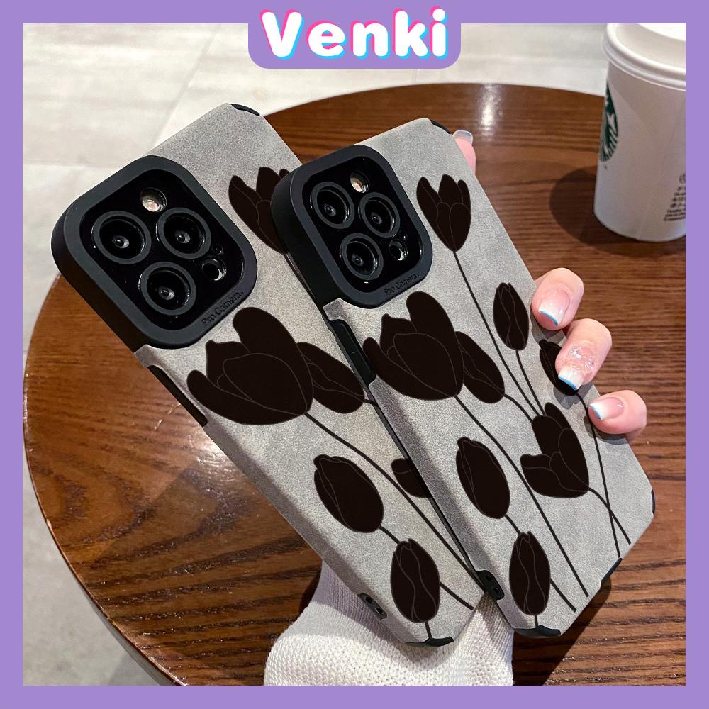 VENKI - Untuk iPhone 11 Case Leather Pupil Suede Case Soft Shockproof Case Camera Simple Black Flower Kompatibel dengan iPhone 14 13 Pro max 12 Pro max xr xs 7Plus 8Plus