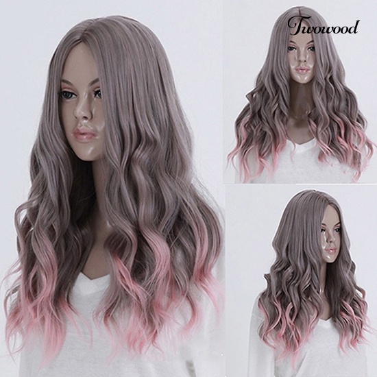 Twowood Lolita Mix Grey Pink Centre Parting Cosplay Rambut Panjang Keriting Bergelombang Full Wig