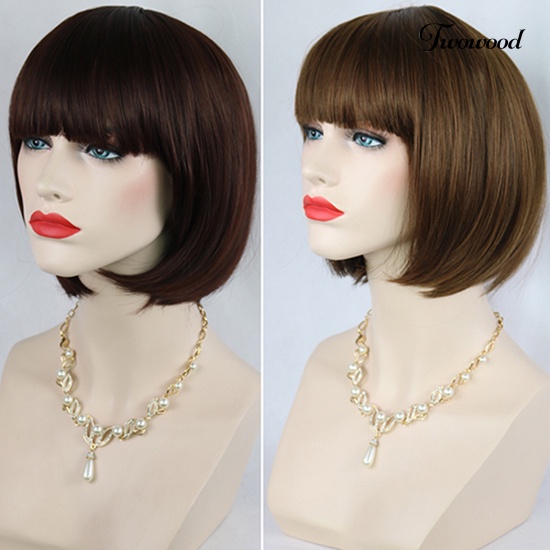 Twowood Fashion Wanita Pendek Lurus Bobo Dengan Poni Penuh Wig Cosplay Pesta Ekstensi