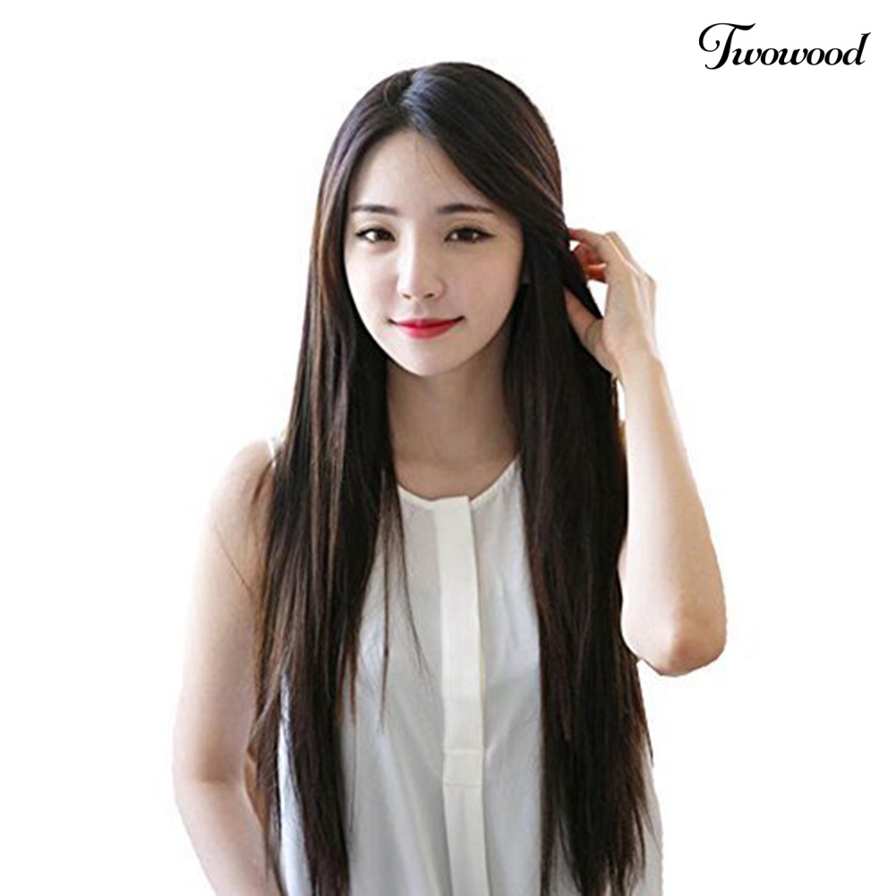 Twowood 26inch Fashion Wanita Hitam Panjang Lurus Wig Ada Poni Rambut Ekstensi Sopak