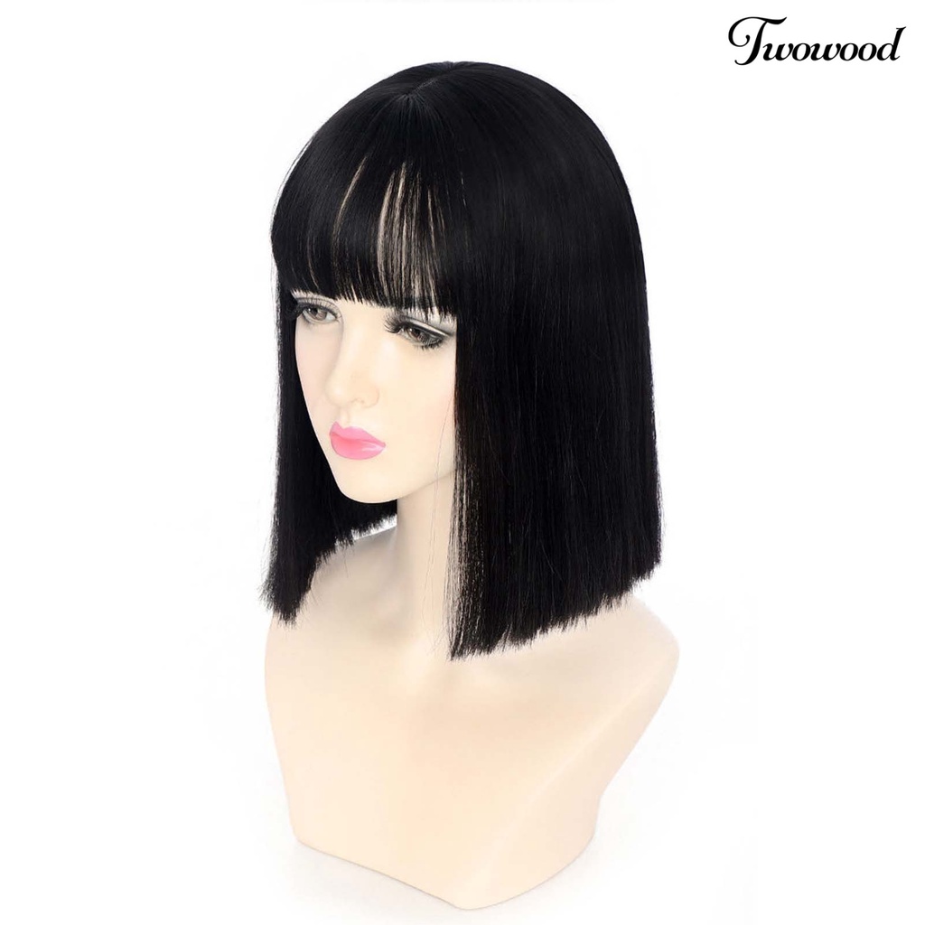 Twowood Jisheng Wig Lurus Ketat Warna Alami Wig Bob Lurus Pendek Serat Suhu Tinggi Dengan Bang Untuk Anak Perempuan