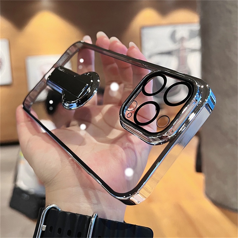 Pelindung Kamera Mewah Lensa case iPhone 14 Pro Max case Dengan Stand14 plus case Iphone12 13 Pro Max Berlapis Transparan shock protection hard back cover