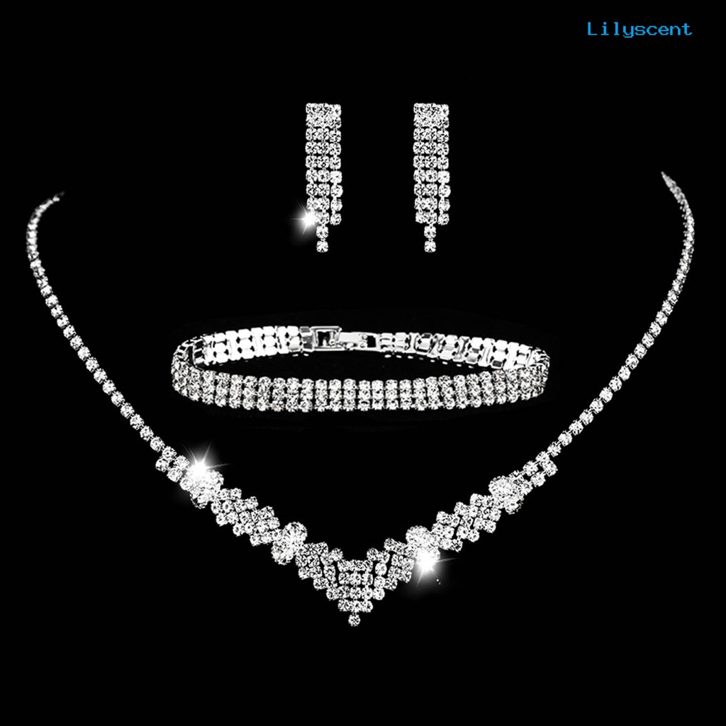 [LS]4Pcs/Set Perhiasan Set High Gloss Eye-catching Electroplating Pengerjaan Indah Mewah Dress Up Perempuan Berlian Imitasi Bersinar Anting Gelang Kalung Set Perhiasan Aksesori