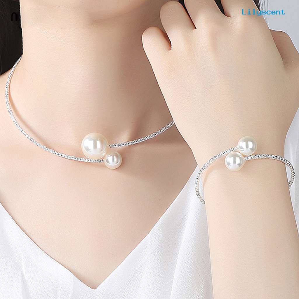 [LS]1 Set Perhiasan Wanita Set Mutiara Imitasi Dipoles Warna Kontras Pembukaan Berlian Imitasi Tubuh Dekorasi Adjustable Telinga Stud Klavikula Kalung Perhiasan Set Wanita Jewelry