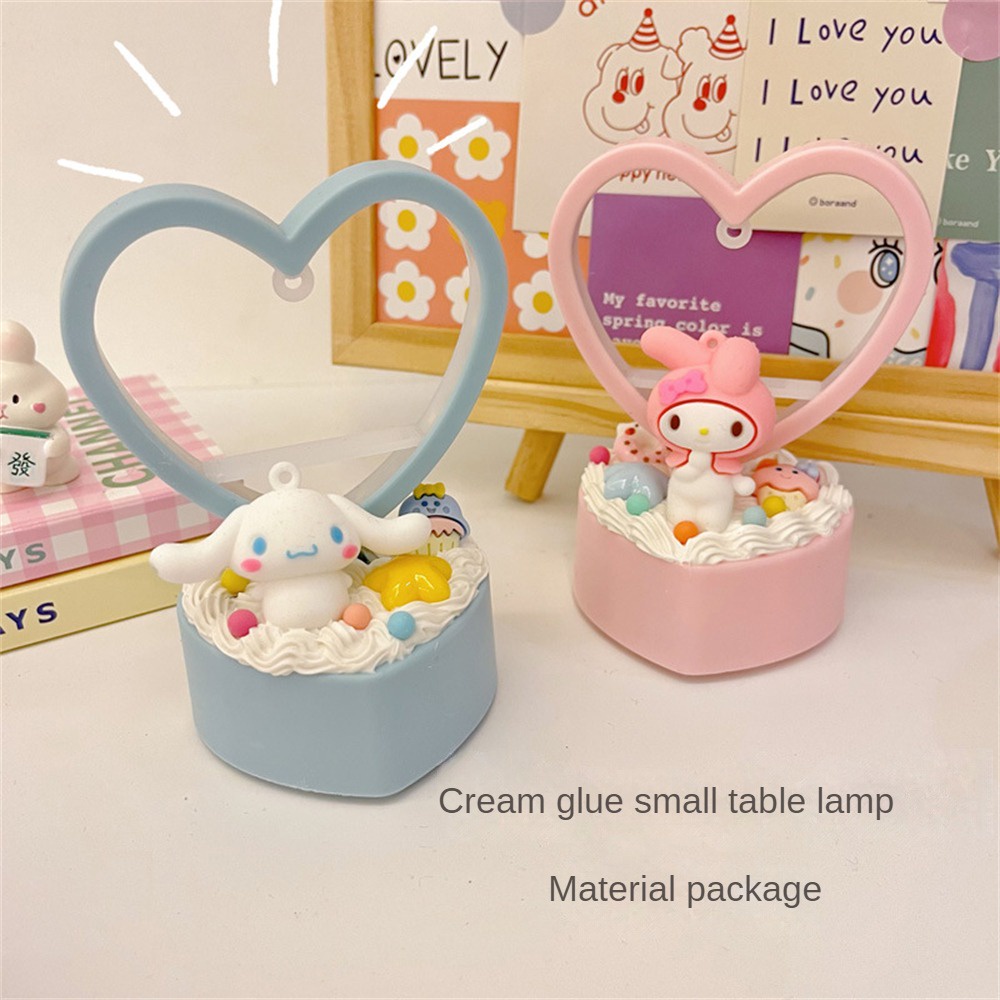 ღ Sanrio Love Night Light Diy Creative Romantic Led Table Lamp Cream Glue Material Package Cartoon Doll Children Handmade Girl Toys Bedside Lighting