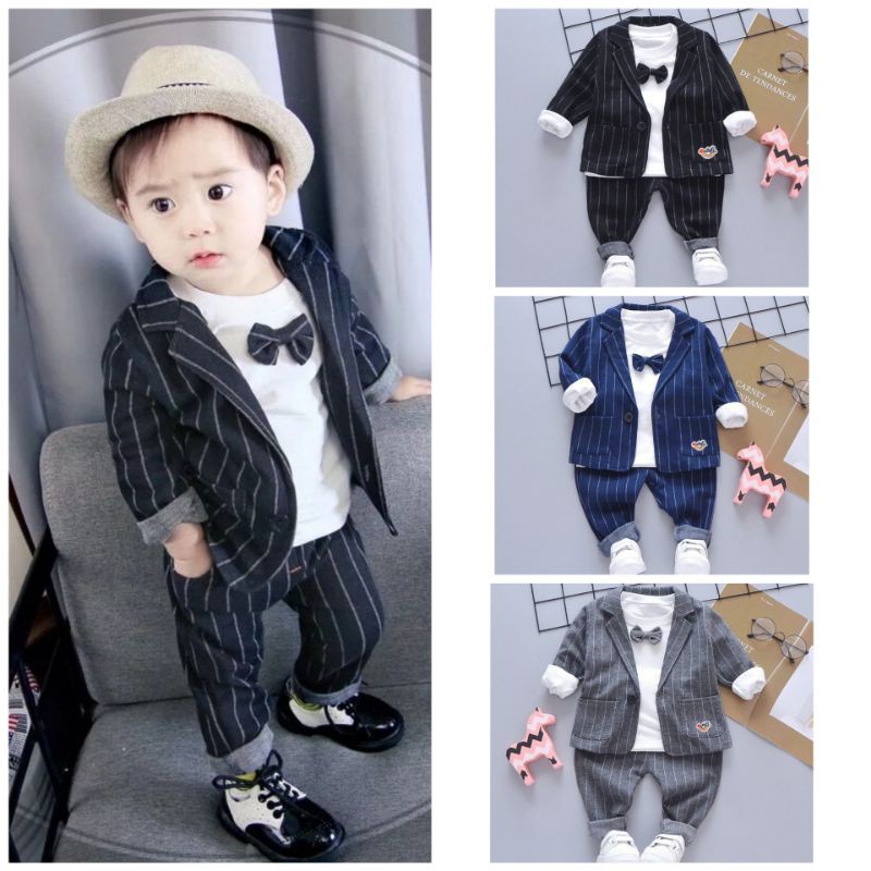 Setelan Jas Tuxedo Set 3in1 Anak Laki Laki Strip Import 6 Bulan - 5 Tahun