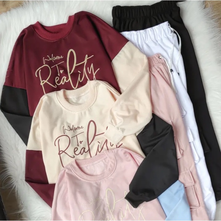 One Set Paket Setelan Sewater Crop & Jogger Gamblok Cargo Baju Wanita Sett Olahraga keren dan Sporty