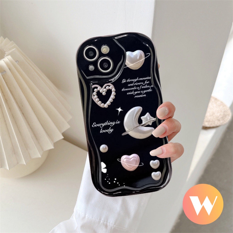 IPHONE Case Kompatibel Untuk Iphone11 14 12 13 Pro Max 7Plus 8Plus XR 6s 6 7 8 Plus X XS Max SE 2020 3D Wavy Curved Edge Romantic Bulan Bintang Cinta Hati Alphabet Cover