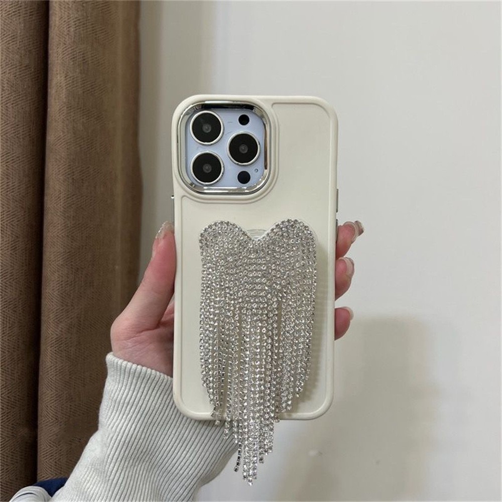 Casing Ponsel Bingkai Lensa Electroplating Untuk iPhone 14 Pro Max 13 Pro 12 11Pro X XR Xs Max 7 /8Plus Dengan Holder Rumbai Hati Case Silikon Penutup Belakang