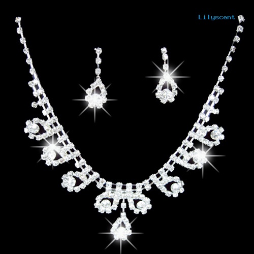 [LS]Lady Bridal Pernikahan Pertunangan Berlian Imitasi Teardrop Kalung Anting Set Perhiasan