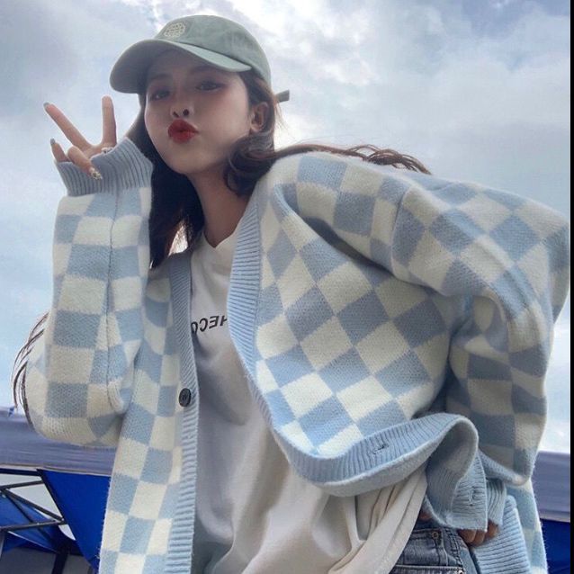 CHECKER OVERSIZED KNIT CARDIGAN WOMAN WINTER IMPORT KOREAN STYLE KARDIGAN RAJUT WANITA