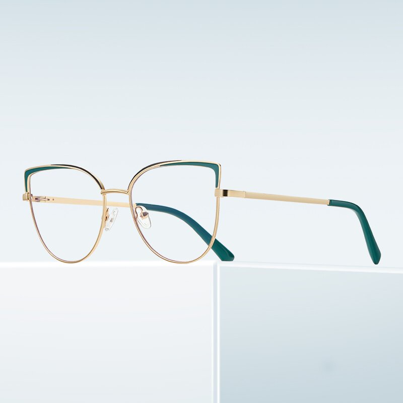 (YUZHU) Ins Gaya Cat Eye Metal Eyeglasses Pribadi Mode Musim Semi Kuil Anti Cahaya Biru Eyeglasses Female