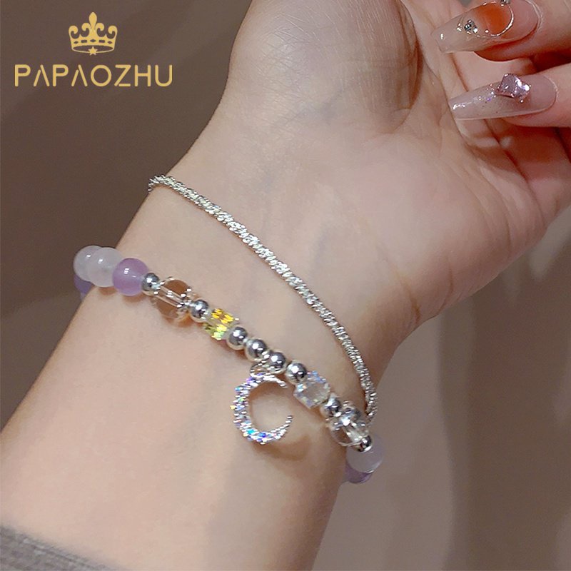 Papaozhu Elegan Kristal Bulan Pesona Opal Manik-Manik Gelang Untuk Wanita Gadis Indah Glittery Sequin Permata Beads Bracelet Perhiasan Hadiah Untuk Pacar